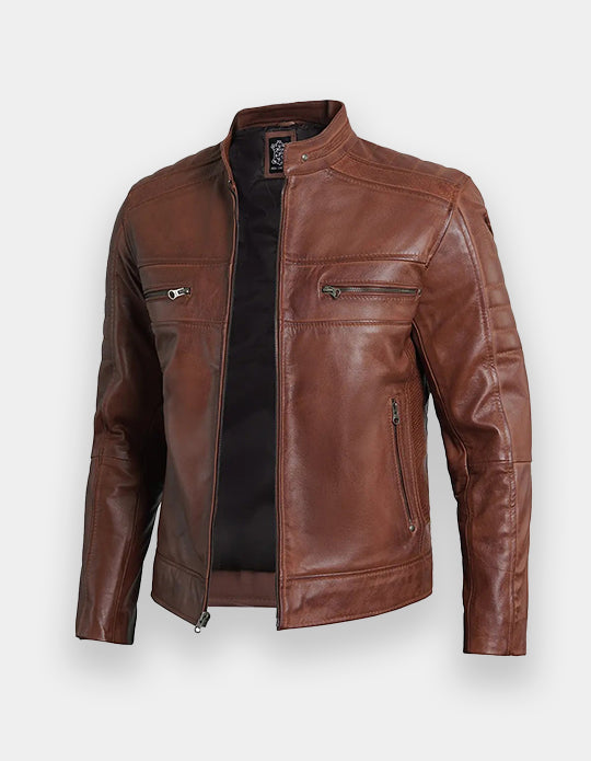 Austin Men Cafe Racer Cognac Brown Leather Jacket