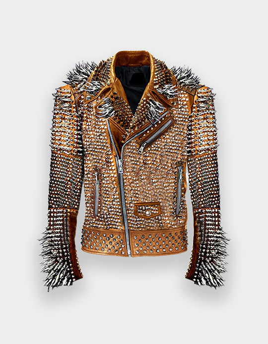 Men's Custom Heavy Metal Studded Spiked Jacket - Distressed Punk Rock Leather Wear
