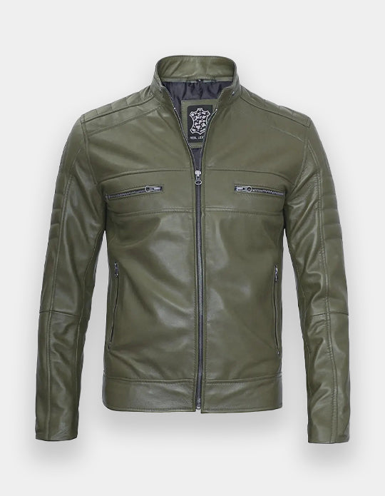 Austin Men Cafe Racer Dark Green Real Leather Jacket