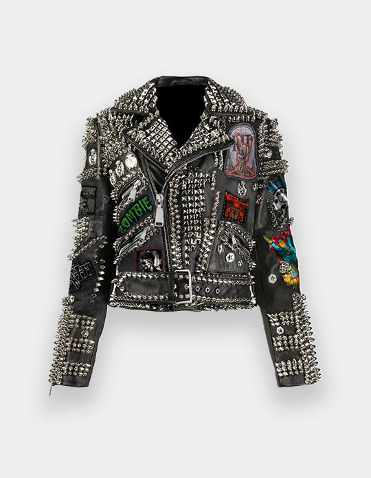 Handcrafted Heavy Spiked Metal Studded, Gothic Leather Solid Studs Jacket, Men's Patches Punk Fashion, Personalized Belted Jacket,