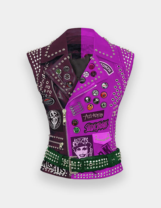 Two Tone Heavy Spiked Punk Rock, Aus Rotten Women's Handmade Vest, Brando Sleeveless Jacket, The Adicts Outfit, Leather Misfit Club Wear,