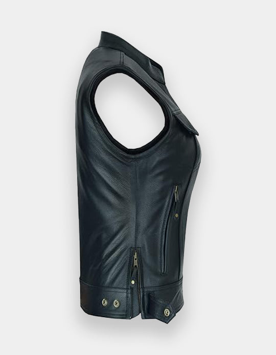 Women's Top Grain Cowhide Club Style Motorcycle Soft thick Leather Vest