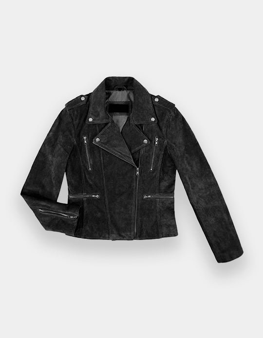 New Women's Biker Suede Leather Jacket Olive Suede Classic Fashion Casual Jacket, Chaqueta de ante en marrón oscuro.