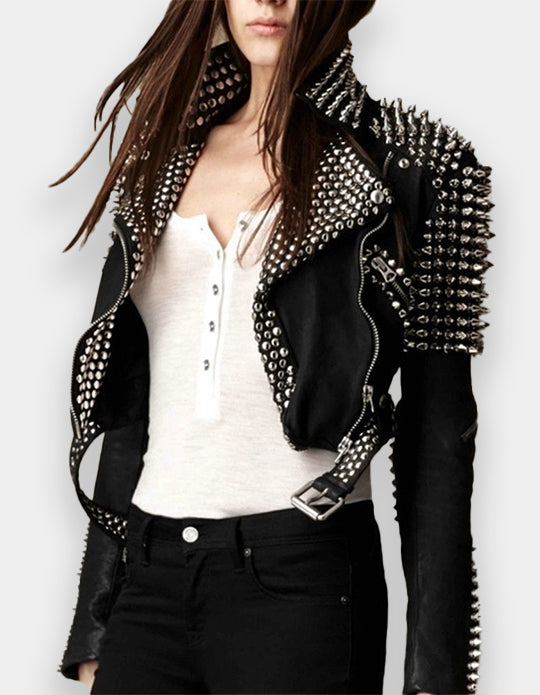 Women Motorcycle Black Color Jacket, Handmade Silver Studs jacket, Spiked Studs Jacket, Brando Waist Belt Jacket, Personalized Lapel Collar,