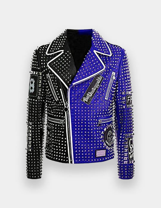 Men's Multi Color Full Studded Embroidery Patches Leather Jacket, Biker-Jacke mit Nieten