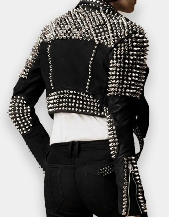 Women Motorcycle Black Color Jacket, Handmade Silver Studs jacket, Spiked Studs Jacket, Brando Waist Belt Jacket, Personalized Lapel Collar,