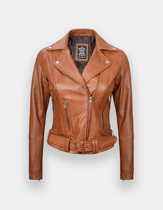 Women's Light Brown Leather Biker Jacket