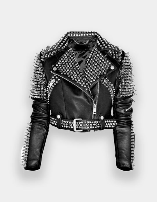 Handmade Brando Style Punk Spiked Woman Studded Cowhide Leather Jacket