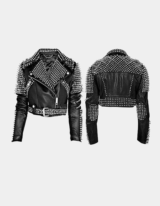 Handmade Brando Style Punk Spiked Woman Studded Cowhide Leather Jacket