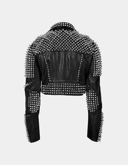 Handmade Brando Style Punk Spiked Woman Studded Cowhide Leather Jacket