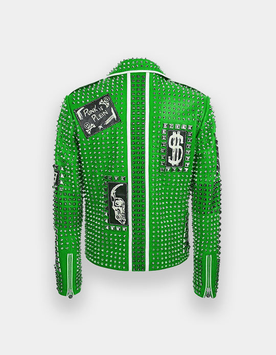 Men's Full Studded Embroidery Patches Leather Jacket, Biker-Jacke mit Nieten