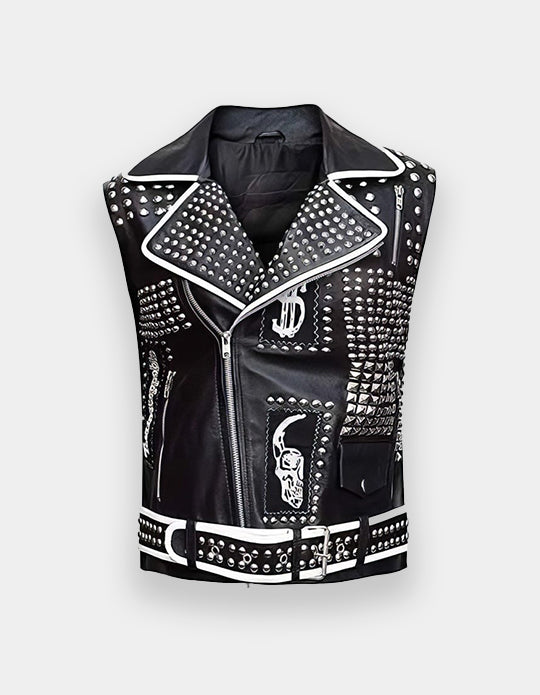 Mens Real Leather Black Studded Spike Vest - Handmade Bar Leather Vest - Biker Waistcoat - Party Wear Leather Vest