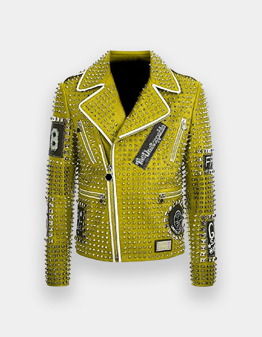 Men's Full Studded Embroidery Patches Leather Jacket, Biker-Jacke mit Nieten