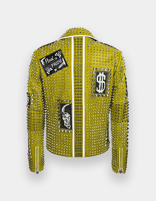 Men's Full Studded Embroidery Patches Leather Jacket, Biker-Jacke mit Nieten