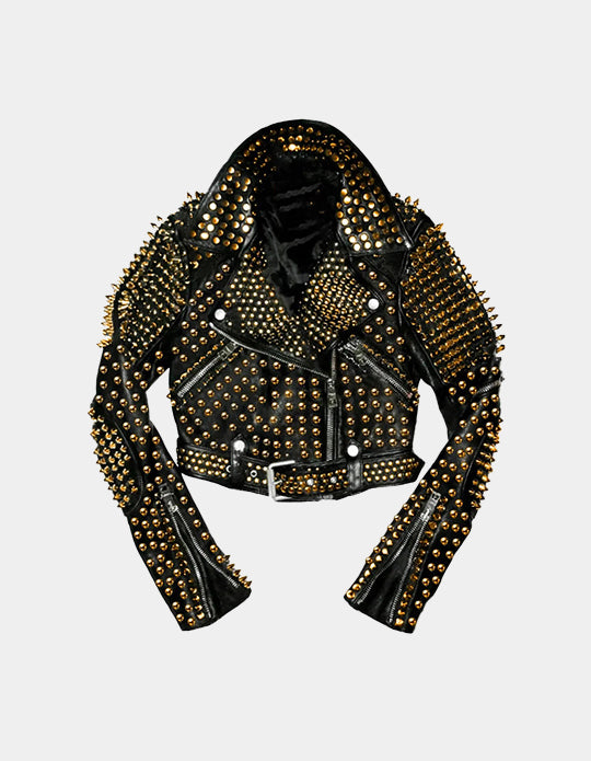 Women's Golden Biker Jacket with Studded Dome &amp; Tree Spikes