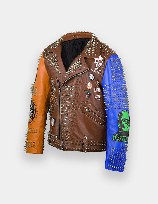 Punk Rock Gothic Studded Jacket, Steampunk Patches Motorbike Cowhide Leather Jacket, Men's Handmade Brando Heavy Metal Jacket,