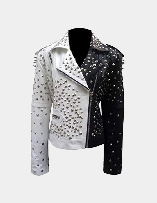 Two Tone Black and white Steampunk Spiked, Women's Gothic Leather Jacket, Multi Studded Personalized, Bachelor Party Handmade Jacket,