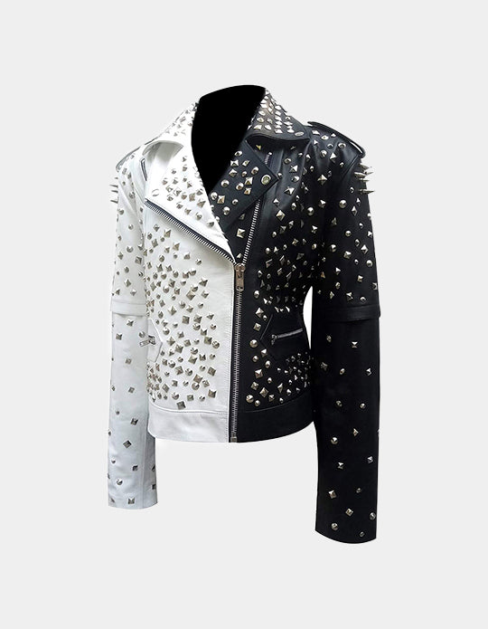 Two Tone Black and white Steampunk Spiked, Women's Gothic Leather Jacket, Multi Studded Personalized, Bachelor Party Handmade Jacket,