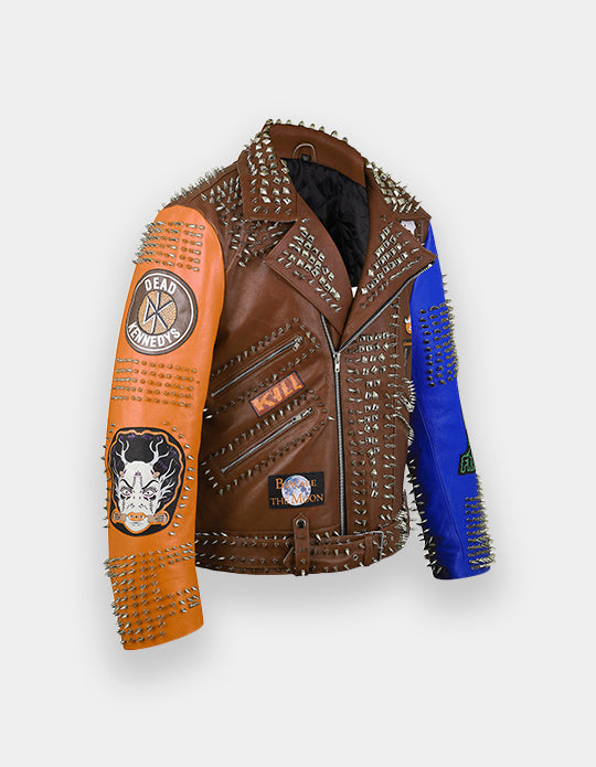 Punk Rock Gothic Studded Jacket, Steampunk Patches Motorbike Cowhide Leather Jacket, Men's Handmade Brando Heavy Metal Jacket,