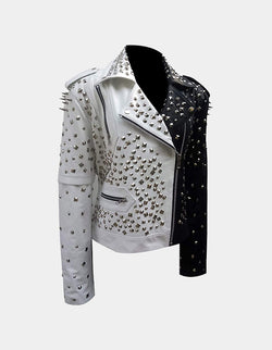 Two Tone Black and white Steampunk Spiked, Women's Gothic Leather Jacket, Multi Studded Personalized, Bachelor Party Handmade Jacket,