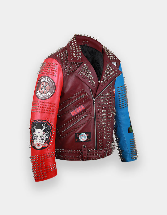 Punk Rock Gothic Studded Jacket, Steampunk Patches Motorbike Cowhide Leather Jacket, Men's Handmade Brando Heavy Metal Jacket,