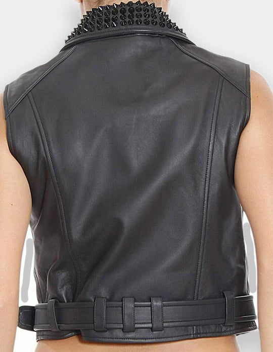 Women Studded Leather Vest Black Punk black Long Spiked Studded Moto Leather Vest Silver Studs and Spikes Black Leather Studs Vest.