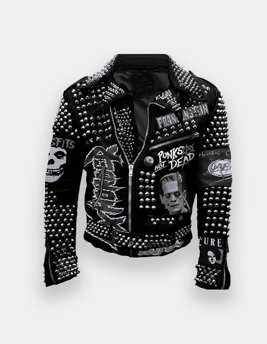 Men's Silver Studded Black Leather Punk Steampunk Hippie Rocket Patch Jacket