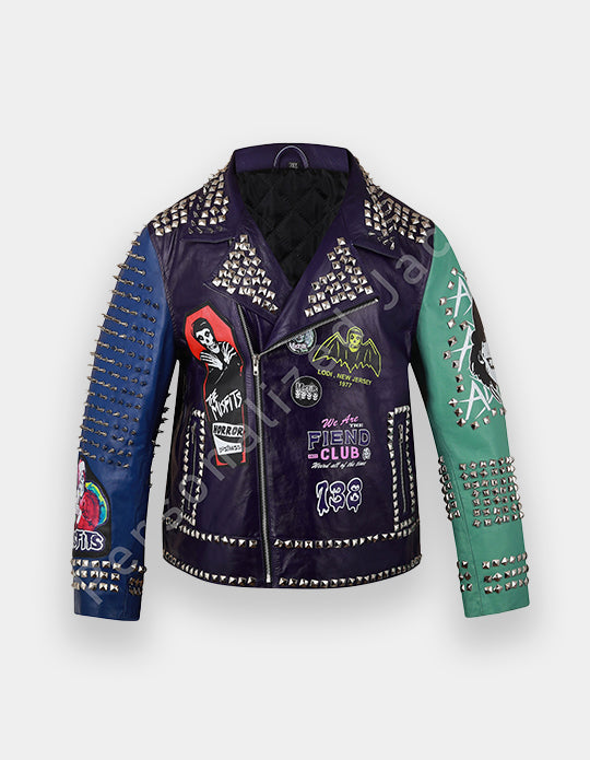 Punk Rock Gothic Studded Jacket, Steampunk Patches Motorbike Cowhide Leather Jacket, Men's Handmade Brando Heavy Metal Jacket,