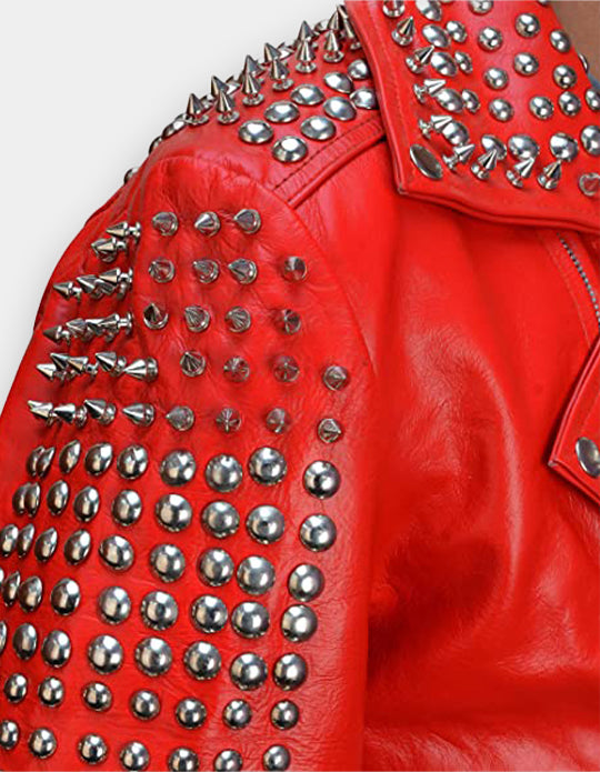 Men's Red Full Studded Leather Jacket, Biker-Jacke mit Nieten