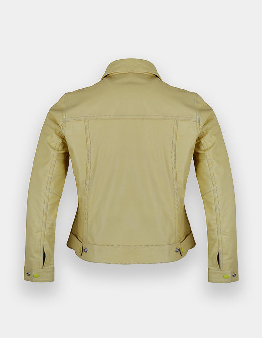 Women's Tan Leather Trucker Jacket Classic Western Casual Denim Jeans Jacket, Chaqueta de cuero estilo camionero.
