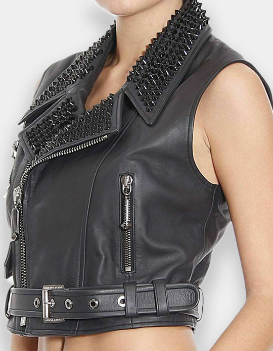 Women Studded Leather Vest Black Punk black Long Spiked Studded Moto Leather Vest Silver Studs and Spikes Black Leather Studs Vest.