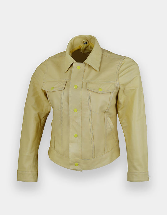 Women's Tan Leather Trucker Jacket Classic Western Casual Denim Jeans Jacket, Chaqueta de cuero estilo camionero.
