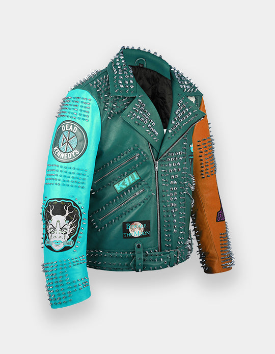 Green Studded Leather Jacket, Men's Brando Multicolor Belted Gothic Steampunk Jacket, Pin and Badges Collar Leather Jacket, Punk studwork