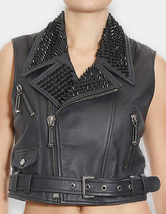Women Studded Leather Vest Black Punk black Long Spiked Studded Moto Leather Vest Silver Studs and Spikes Black Leather Studs Vest.