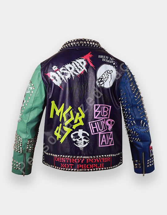 Punk Rock Gothic Studded Jacket, Steampunk Patches Motorbike Cowhide Leather Jacket, Men's Handmade Brando Heavy Metal Jacket,