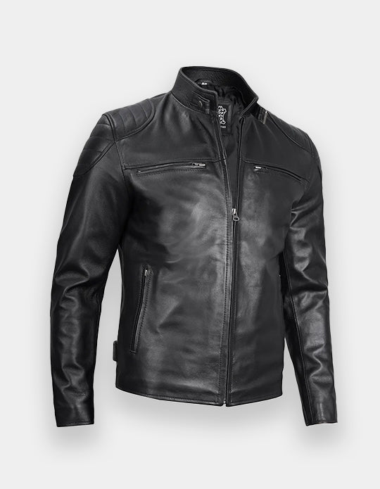 Black Real Leather Cafe Racer Jacket