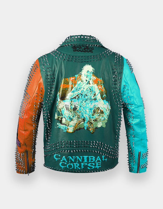 Green Studded Leather Jacket, Men's Brando Multicolor Belted Gothic Steampunk Jacket, Pin and Badges Collar Leather Jacket, Punk studwork