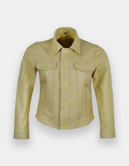 Women's Tan Leather Trucker Jacket Classic Western Casual Denim Jeans Jacket, Chaqueta de cuero estilo camionero.
