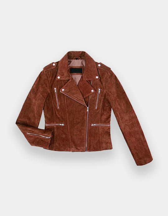 Classic Women’s Reddish Brown Suede Biker Jacket – Stylish Zippered Leather Coat for Women, Perfect for Casual Fashion and Motorcycle Wear.