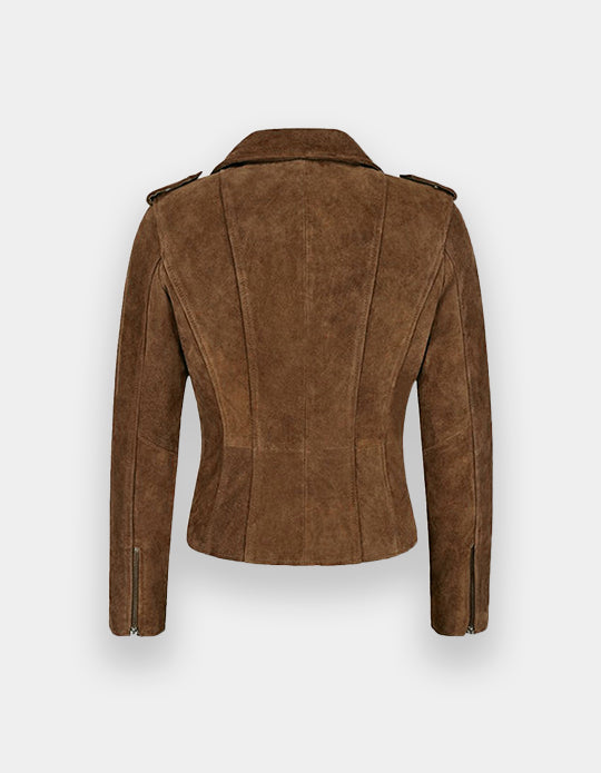 Women's Biker Leather Jacket Dark Brown Suede Classic Fashion Casual Jacket, Chaqueta de ante en marrón oscuro