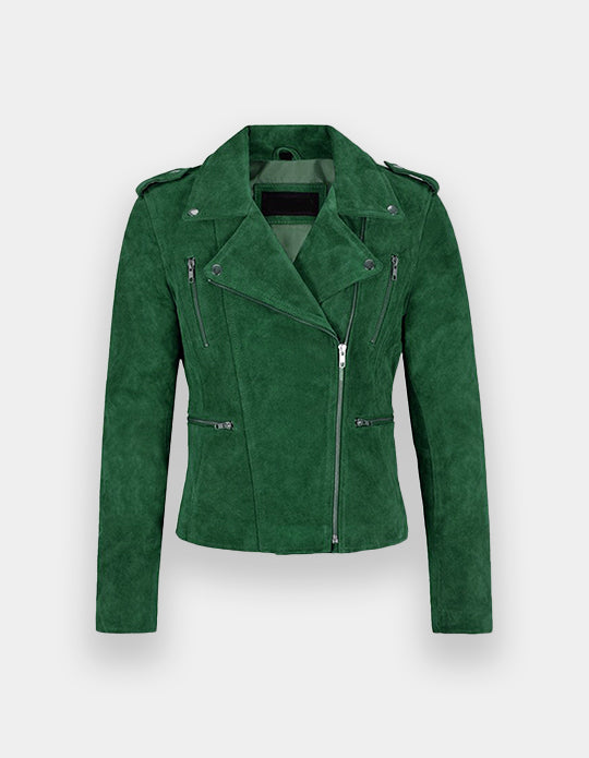 Women's Green Suede Leather Jacket Soft Cowhide Moto Biker Suede Jacket Motorcycle Suede Jacket, Chaqueta de ante de moto