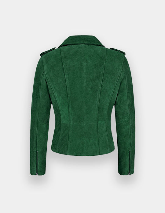 Women's Green Suede Leather Jacket Soft Cowhide Moto Biker Suede Jacket Motorcycle Suede Jacket, Chaqueta de ante de moto
