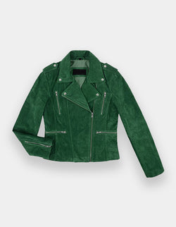 Women's Green Suede Leather Jacket Soft Cowhide Moto Biker Suede Jacket Motorcycle Suede Jacket, Chaqueta de ante de moto