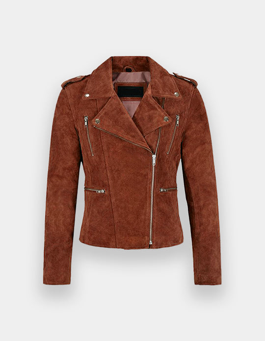 Classic Women’s Reddish Brown Suede Biker Jacket – Stylish Zippered Leather Coat for Women, Perfect for Casual Fashion and Motorcycle Wear.