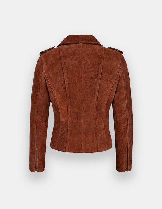 Classic Women’s Reddish Brown Suede Biker Jacket – Stylish Zippered Leather Coat for Women, Perfect for Casual Fashion and Motorcycle Wear.