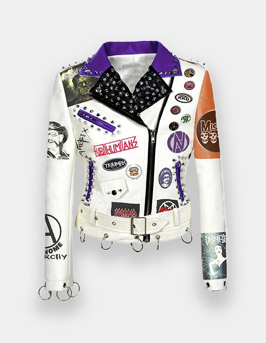 White Leather Women Fashion, Lemmy Misfit Gothic Patchwork, Biker Outfit Waist Belted, Jacket For Women, Brando Vampira Jacket,
