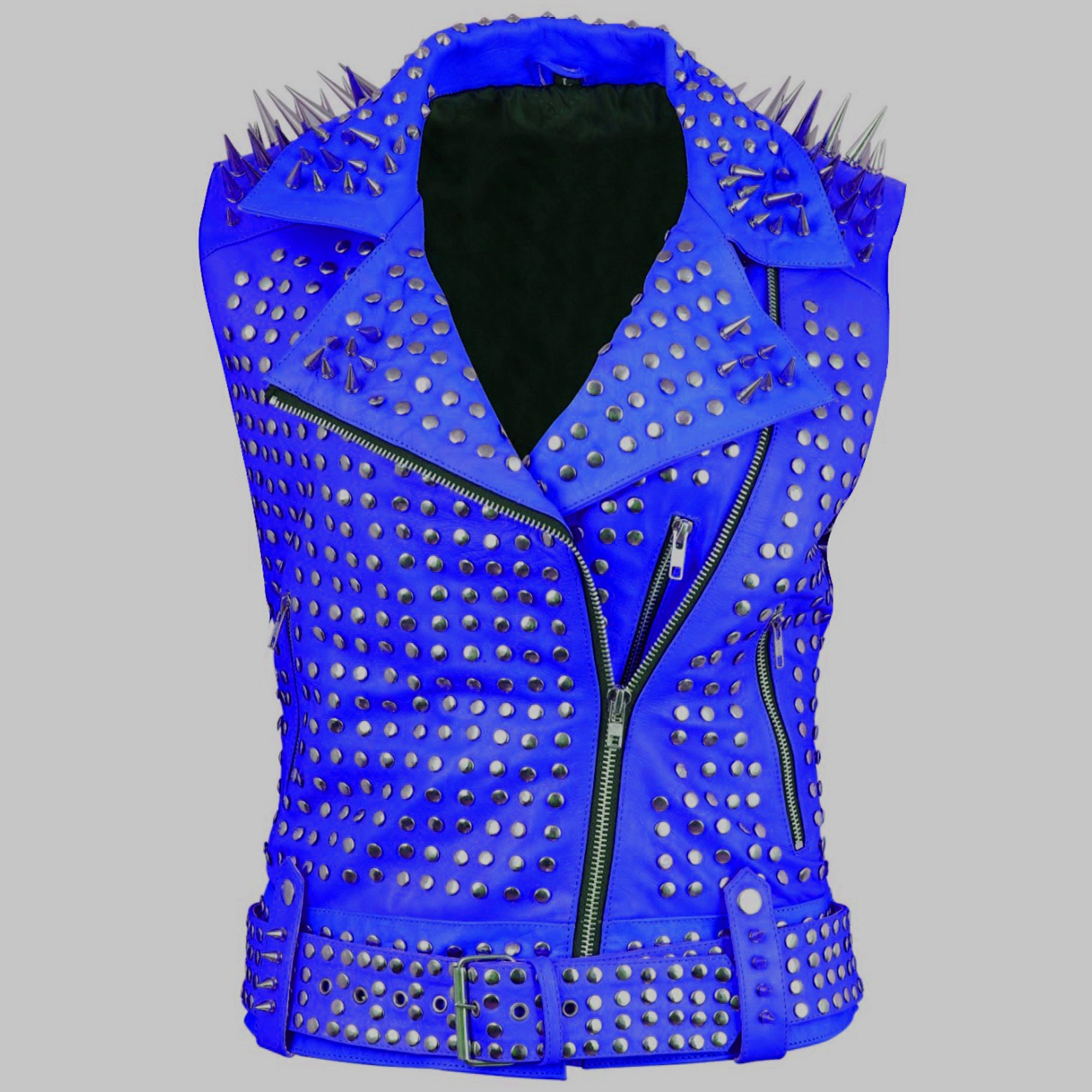 Blue Spiked Collar Leather Vest