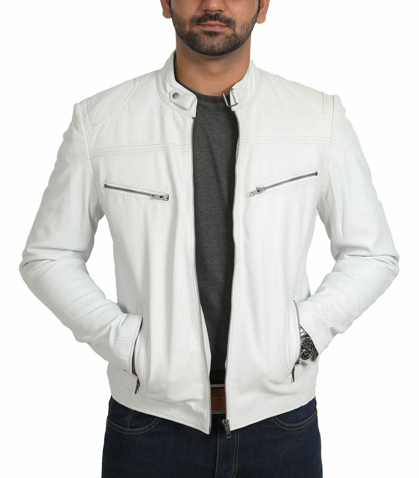 White Leather Jacket for Men